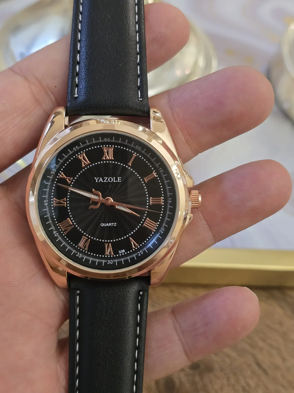 Yazole Men's Black Dial Rose Gold Case Leather Strap Watch